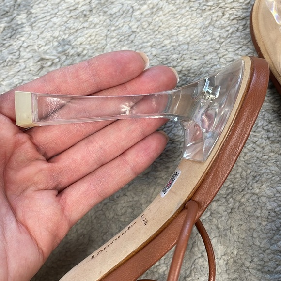 Larroude Gloria Sandal In Caramel Leather and Vinyl Ankle Wrap Clear Heel 7 - Picture 14 of 16